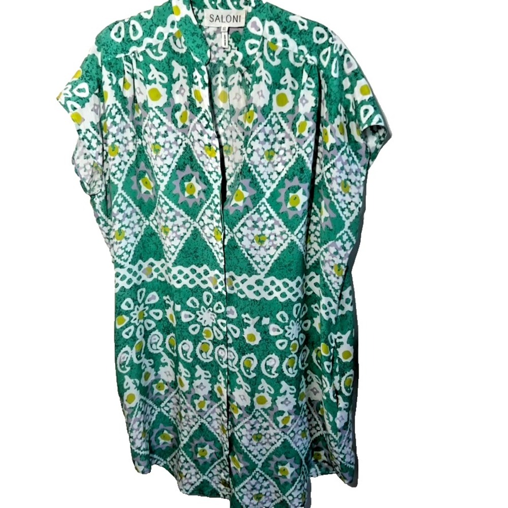 Saloni 100% Silk Green White Purple Button up‎ Tunic Pockets Tropical Boho